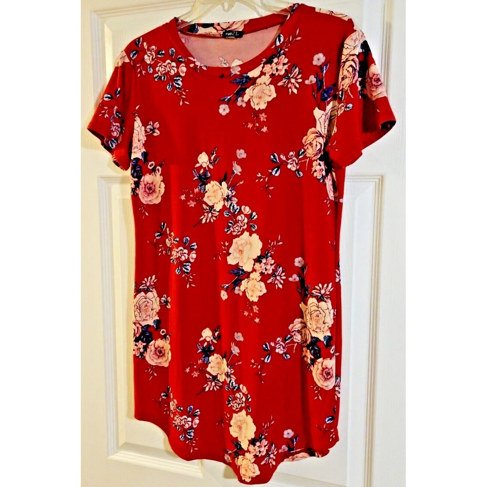 New $48 L Red Floral Print SS Crew Neck Soft Stretch Pullover Shirt Top 40X33